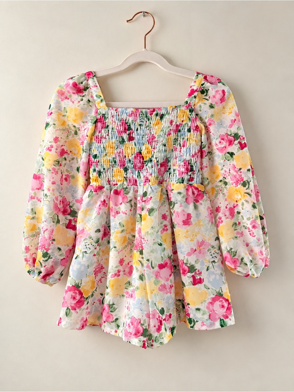 Janie and Jack Girls Floral Smocked Romper Size 3 Pink Yellow Puff Sleeve